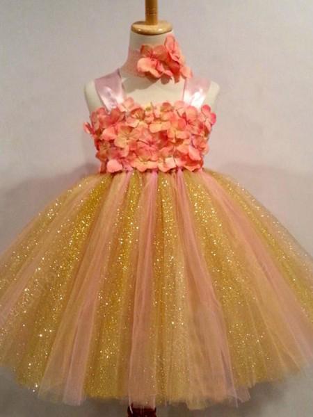 Sweet Ball Gown Strapless Tulle Ankle-length Bowknot Ribbons Multi Flower Girl Dresses WK734
