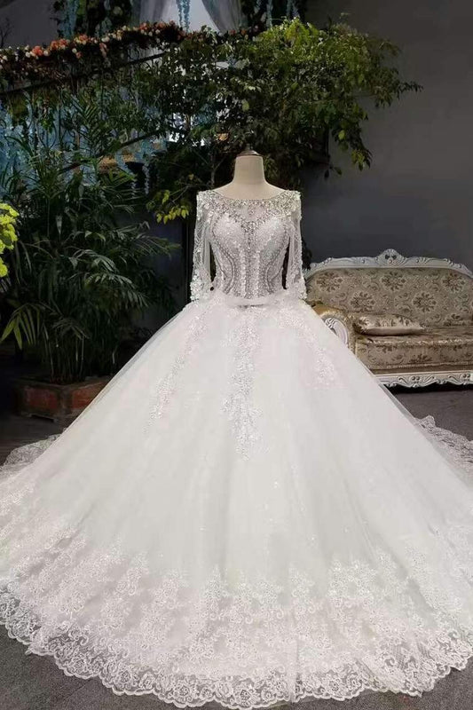New Arrival Cheap Price Tulle Wedding Dresses Lace Up With Appliques And Crystals 3/4 Sleeves