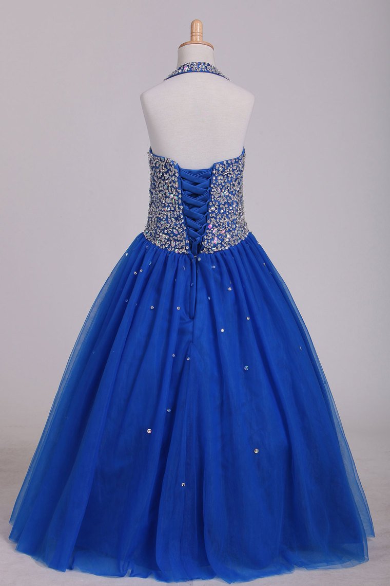 Flower Girl Dresses Halter Beaded Bodice A Line Tulle Royal Blue