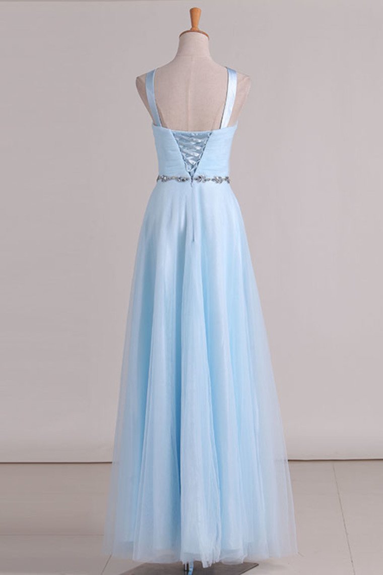 Tulle Straps Bridesmaid Dresses A Line With Ruffles And Beads Floor Length