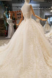 Luxury Wedding Dresses Halter  A-Line Lace Half Sleeves Open Back Cathedral Train Top Quality Lace