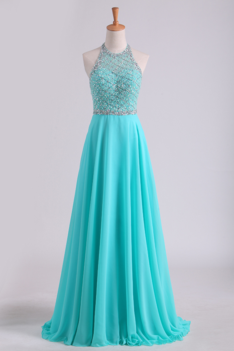 A Line Prom Dresses Halter Beaded Bodice Open Back Sweep Train Chiffon & Tulle