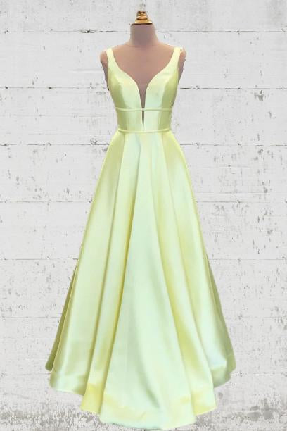 Unique A Line Yellow Satin Prom Dresses with Pockets, Simple Formal SWK20452