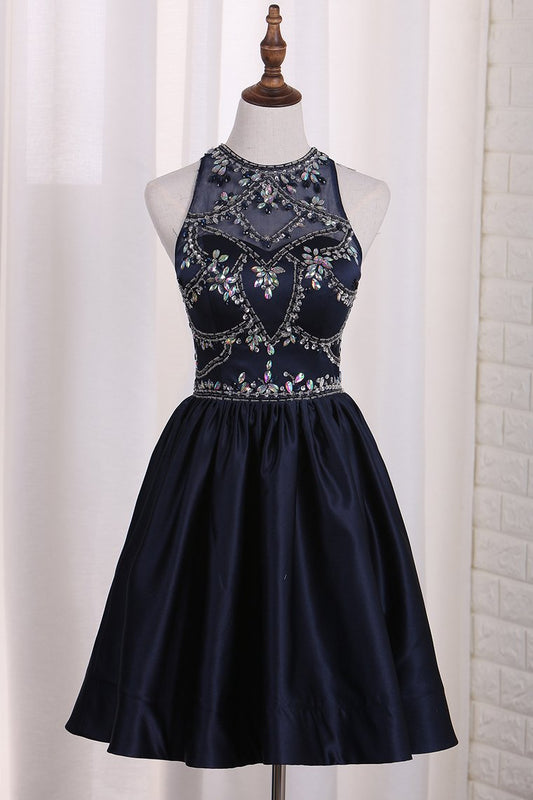 New Arrival A Line Satin Scoop Beaded Bodice Homecoming Dresses