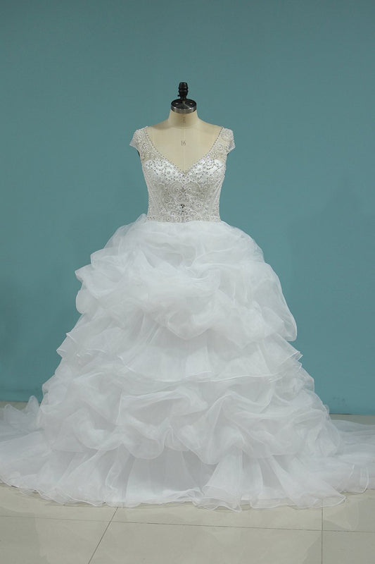 A Line V Neck Wedding Dresses Organza With Beading Chapel Train