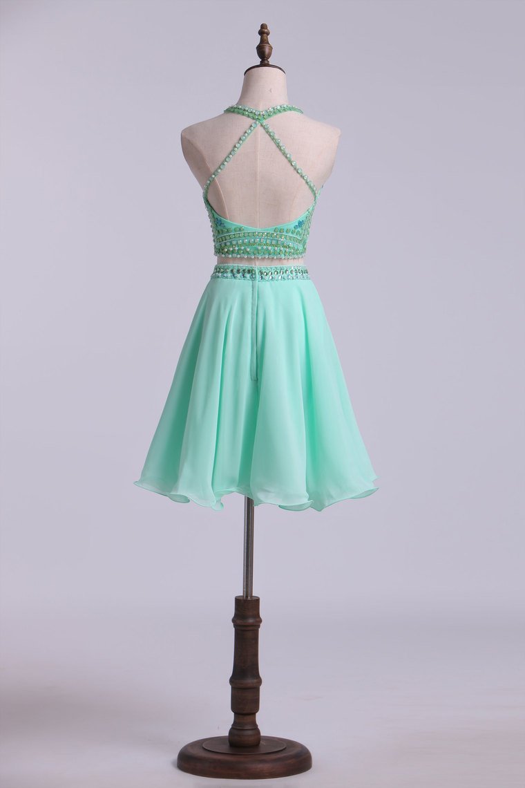 Two-Piece Halter Short Homecoming Dresses Chiffon Beaded Bodice