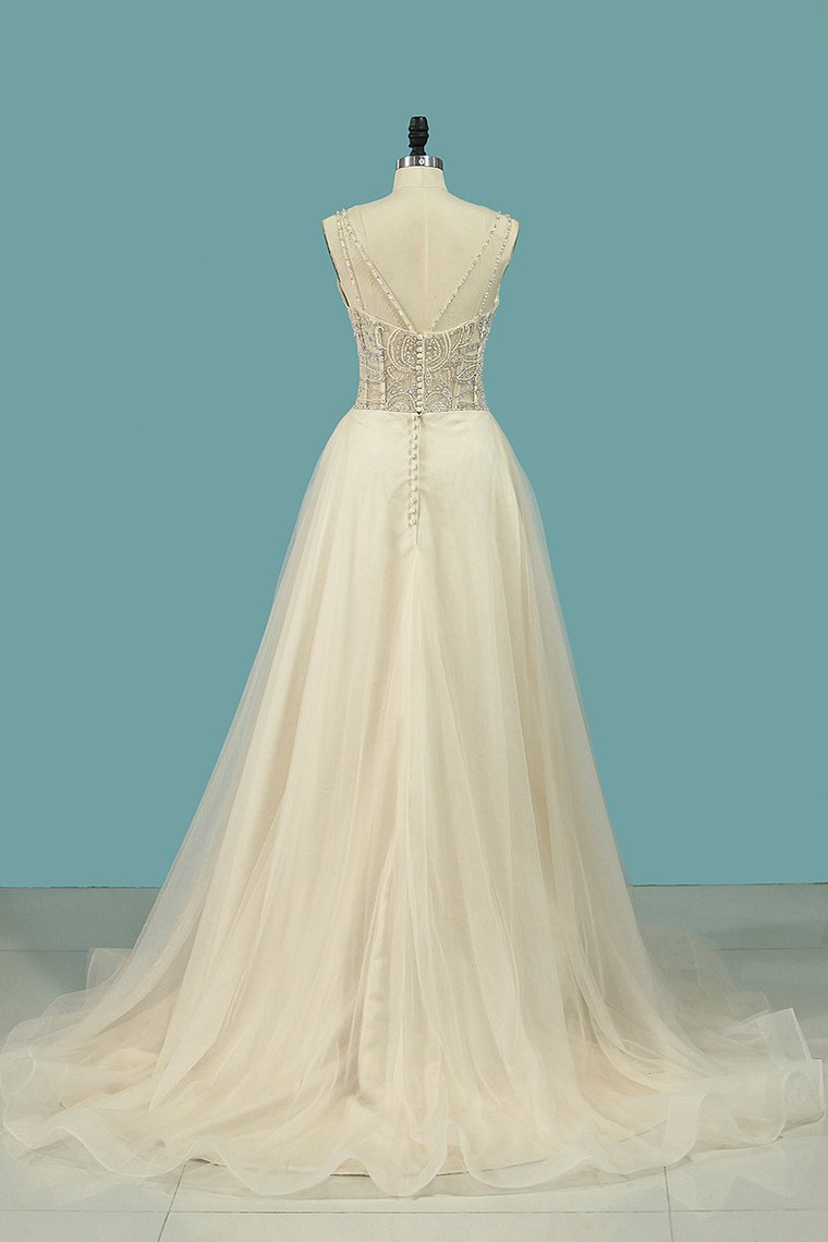 A Line Spaghetti Straps Wedding Dresses Beaded Bodice Tulle Court Train