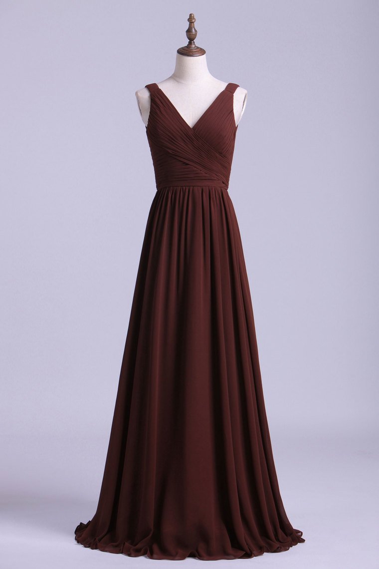 V-Neck Bridesmaid Dresses A-Line Chiffon With Ruffles