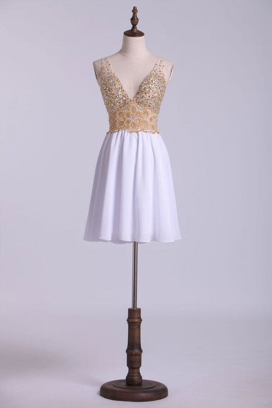 V-Neck Homecoming Dresses A Line Tulle & Chiffon Beaded Bodice