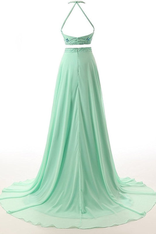 Two-Piece A Line Prom Dresses Halter Chiffon With Beading