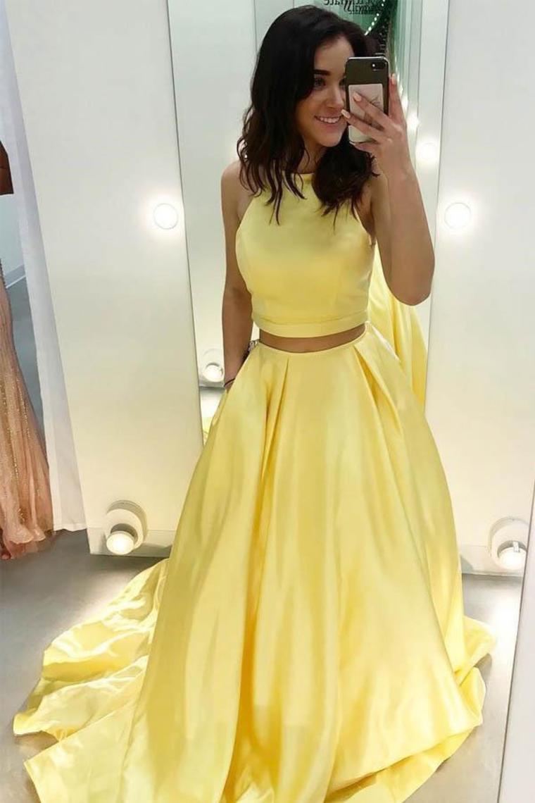 2 Pieces Long A-Line Yellow Satin Simple Cheap Prom Dresses With Pockets