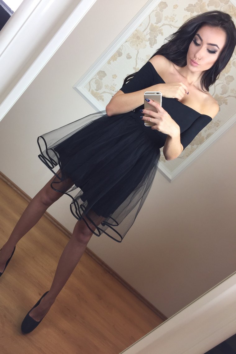 Cocktail Dresses A Line Boat Neck Short Sleeves Tulle Zipper Up