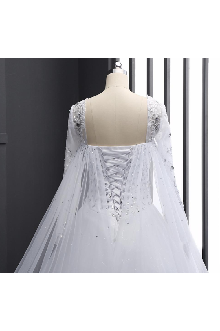 Sweetheart Wedding Dresses A Line With Beading Rhinestones Tulle Long Sleeves Chapel Train