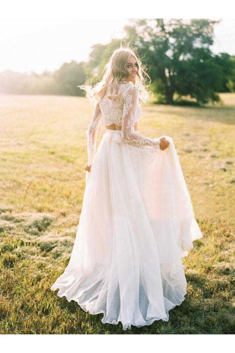 Two Pieces Lace Top Chiffon Skirt Romantic Long Sleeves Wedding Dresses