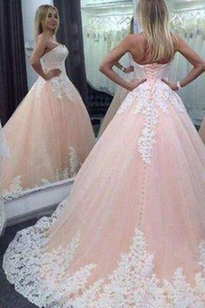 Vintage Ball Gown Sweetheart Pink Lace Appliques Tulle Long Quinceanera Dresses WK93