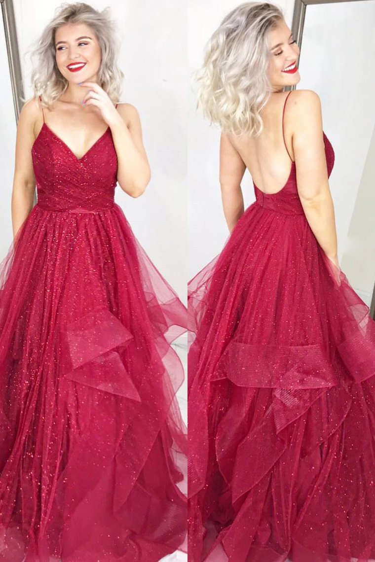 V Neck Spaghetti Straps A-Line Prom Dress Tulle Floor Length