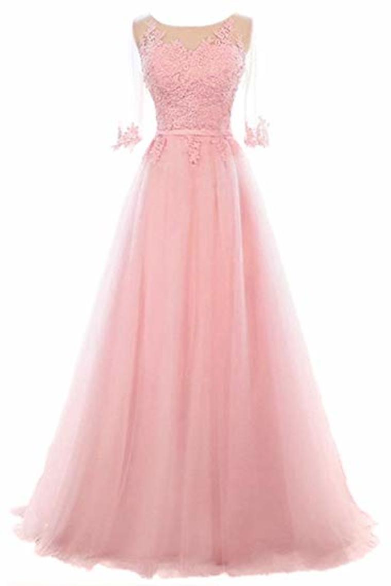 A-Line Mid-Length Sleeves Round Neck Lace Tulle Ball Gown Beading Evening Long Dress