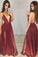 Burgundy Deep V-neck Sexy Spaghetti Straps A-Line Backless Tulle Evening Dresses WK818