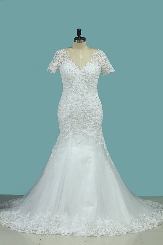 New Arrival Mermaid/Trumpet Wedding Dresses V-Neck Tulle With Applique Short Sleeves