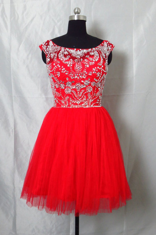 Homecoming Dresses Scoop Short/Mini Tulle Beaded Open Back