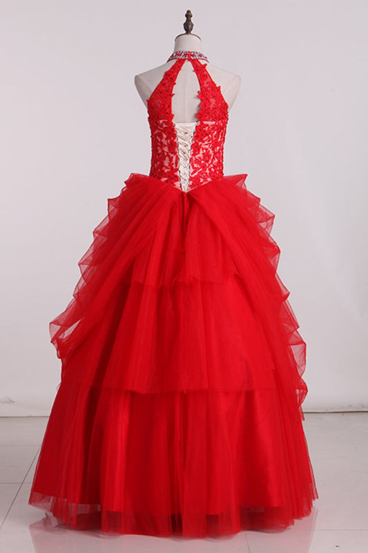 High Neck Tulle With Applique Ball Gown Quinceanera Dresses Floor Length