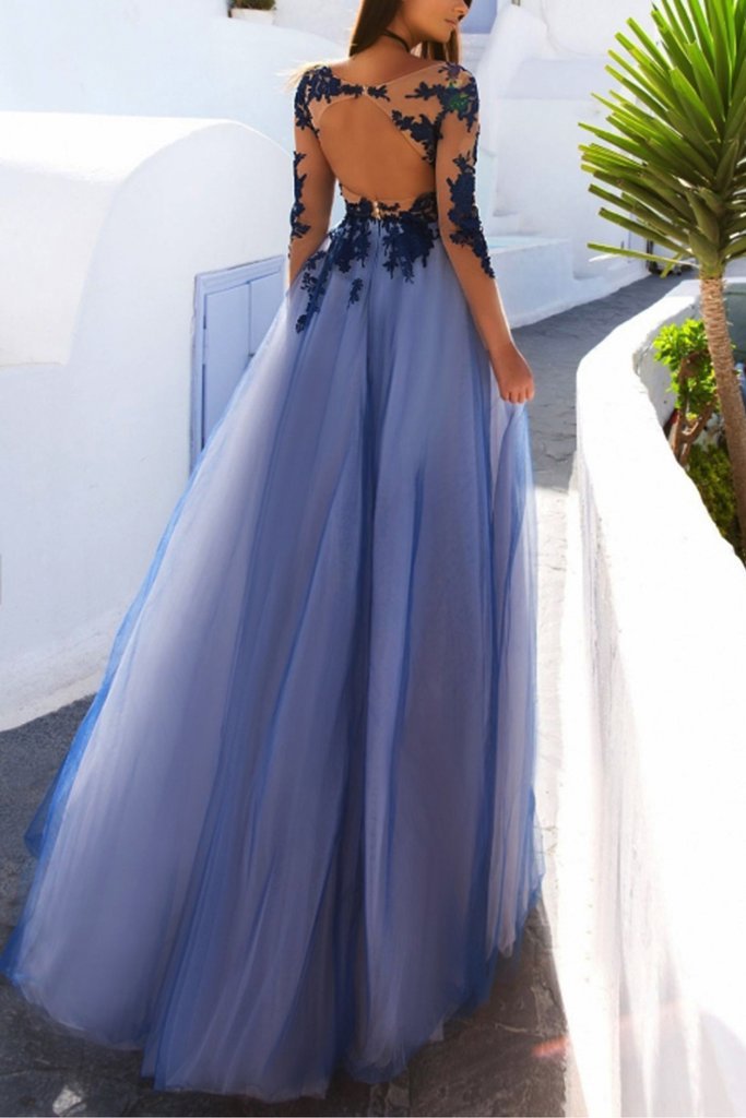 Sexy A-Line See Through Blue Lace Long Sleeve Open Back Appliques Long Prom Dresses WK413