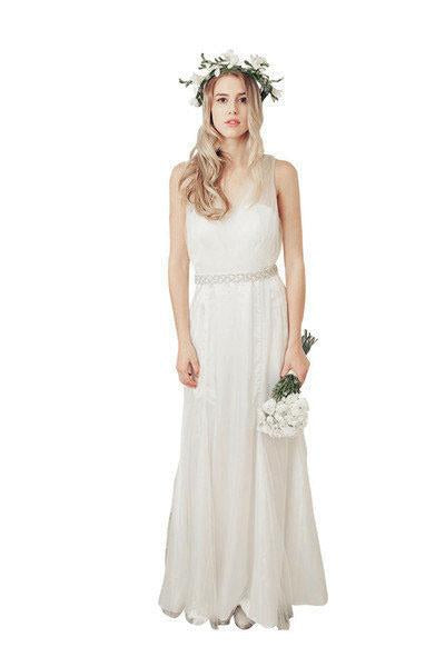 A-Line Ivory Lace Sleeveless V-Neck Vintage V-Back Tulle Floor Length Cheap Wedding Dresses WK279