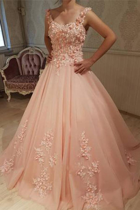 Gorgeous Ball Gown Round Neck Sweetheart Open Back Peach Lace Long Prom Dresses WK134