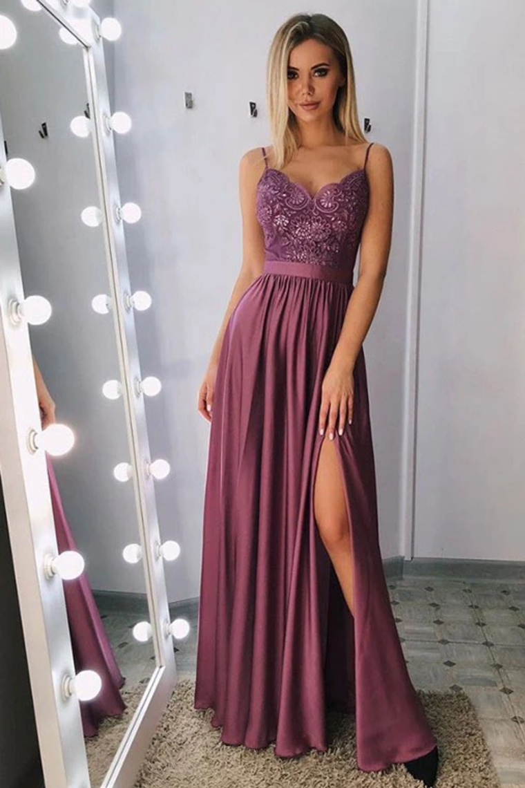 Classic A Line Spaghetti Straps Split Prom Dresses Long With Lace Bodice