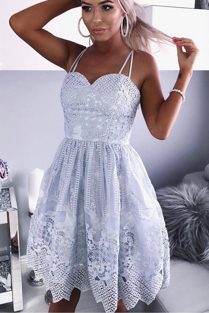 A-Line Spaghetti Straps Knee-Length Gray Lace Sweetheart Prom Homecoming Dress WK657