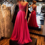 A-Line See-Through Neckline Appliques Chiffon Red Lace Backless Beads Prom Dresses WK316