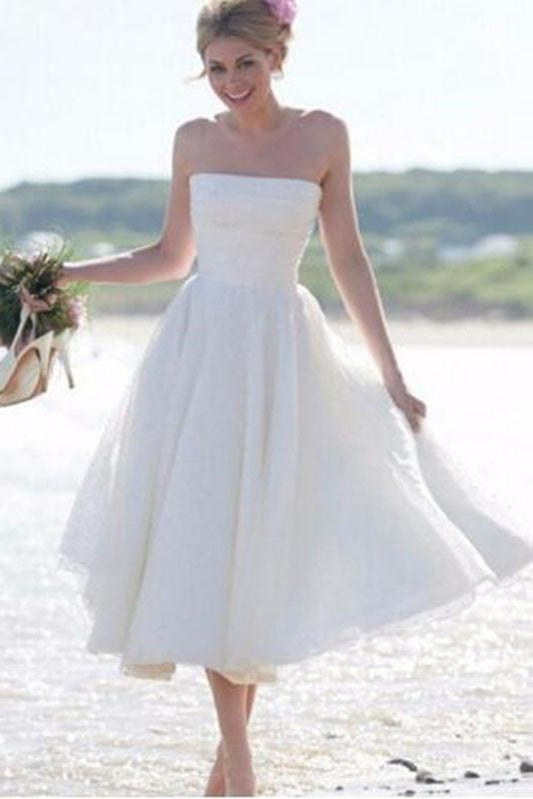 A-Line Ivory Short Sleeveless Pleated Tea-length Strapless Backless Wedding Dresses WK372