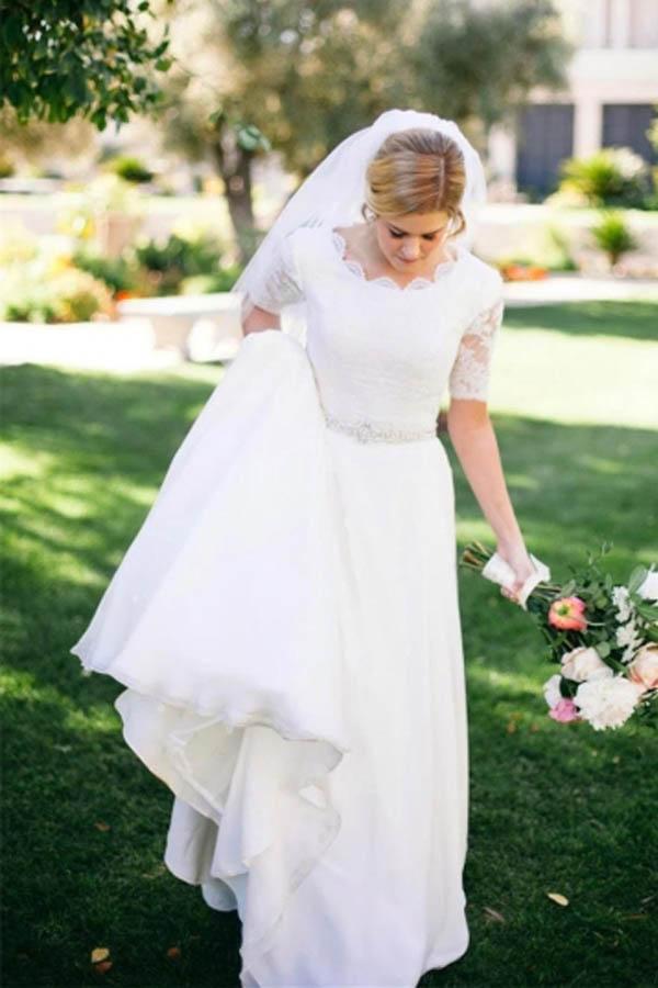 Lace A-Line Beading Ivory Scoop Chiffon Half Sleeve Floor-Length Wedding Dresses WK312