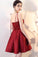 A Line Burgundy V Neck Lace Spaghetti Straps Short Prom Dresses Homecoming Dresses WK966