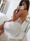 A-Line Spaghetti Straps Lace up V Neck Sleeveless Short White Lace Homecoming Dress WK766