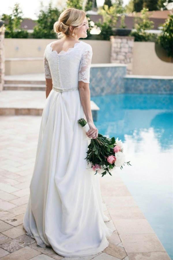 Lace A-Line Beading Ivory Scoop Chiffon Half Sleeve Floor-Length Wedding Dresses WK312