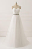 A Line White Spaghetti Straps Tulle Beads Appliques Sweetheart Zipper Prom Dresses WK597
