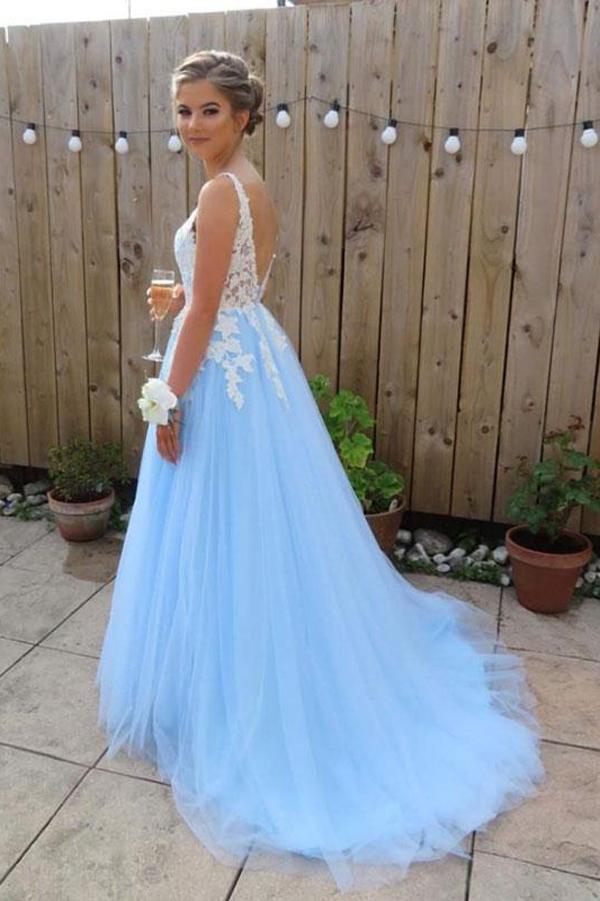 Elegant Blue Chiffon A line V Neck V Back Tulle Lace Long Prom Dresses Evening Dress WK270