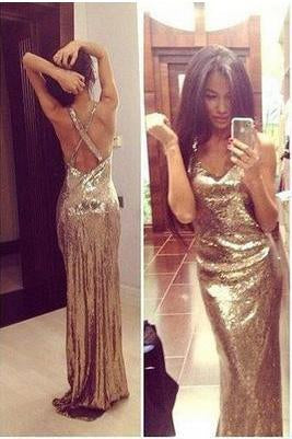 Sparkly Gold Sequins V-Neck Criss Cross Sleeveless Sheath Backless Prom Dresses uk BD086