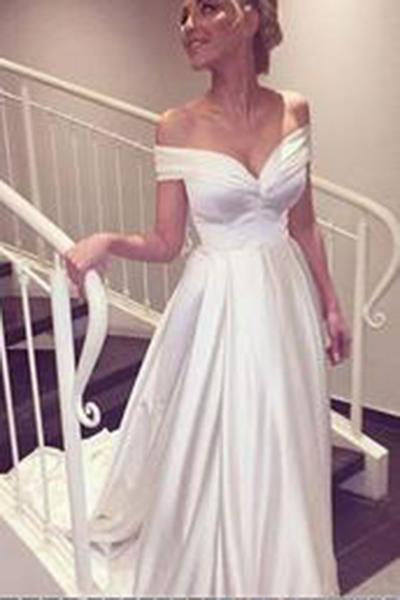 Elegant V-neck Cap Sleeves A-line Satin Wedding Dress Bride Gown WK390
