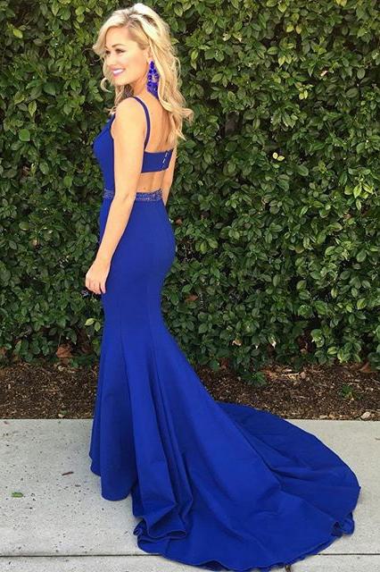 Royal Blue Scoop Mermaid Sleeveless Backless Beads Spandex Prom Dresses WK618