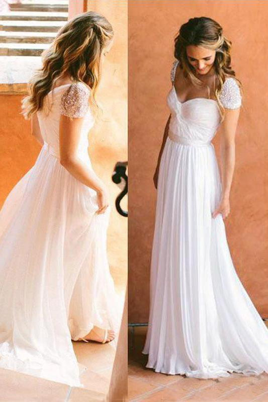 Cheap Sweetheart Beading Cap Sleeve Beads Chiffon A-Line Open Back Ruffles Wedding Dress WK863