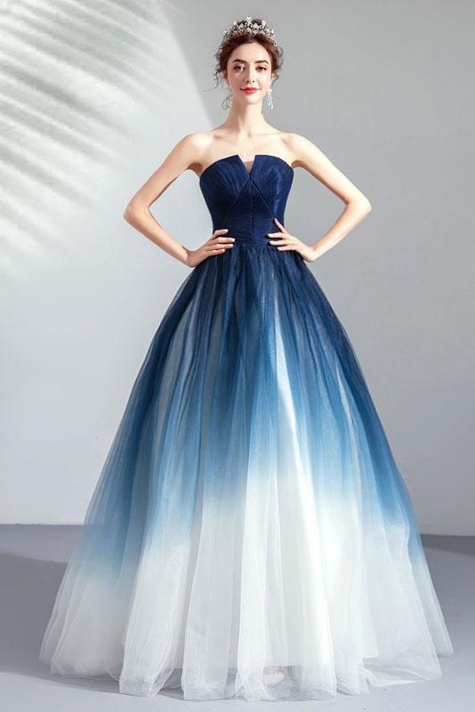 Ombre Strapless A Line Long Prom Dress Blue Ombre Graduation Dress with Lace Up Back WK875