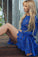 Cute A Line Round Neck Long Sleeves Royal Blue Lace Appliques Short Homecoming Dresses WK982