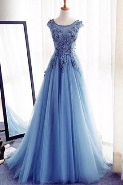 Charming Tulle Blue Lace up A-Line Appliques Long Sleeveless Scoop Prom Dresses uk Z123