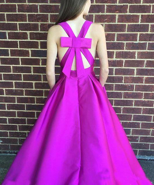 Gorgeous A Line Hot Pink Long with Ribbon Back V Neck Satin Deep V Neck Prom Dress WK607