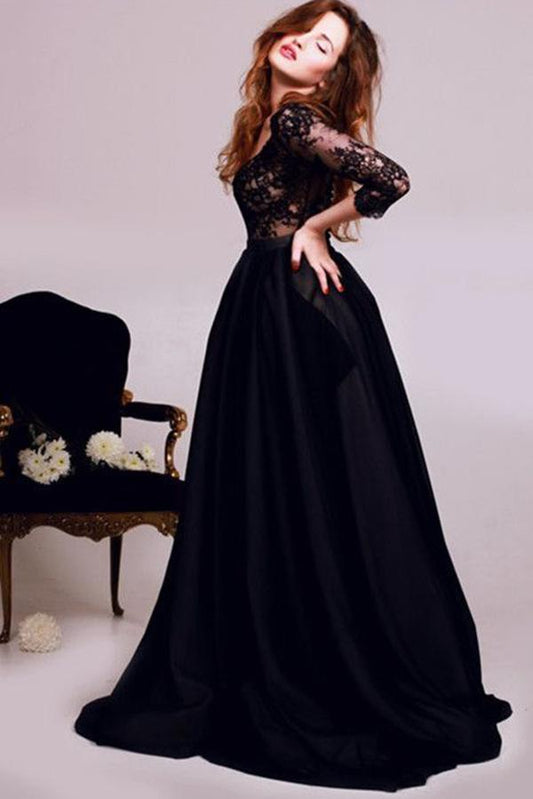 New Style Black 3/4 Sleeves Lace Satin V-Neck A-Line Floor-Length Evening Dresses WK282