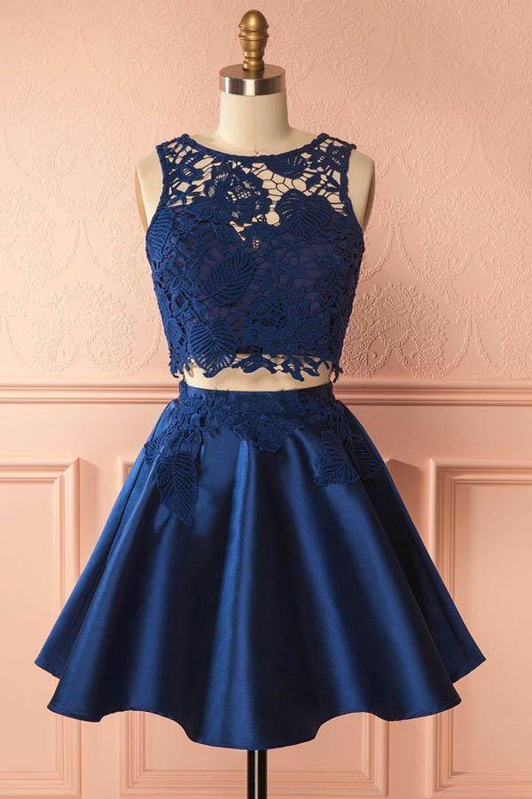 Two Piece Dark Blue Satin Cute Short A-Line Homecoming Dress with Lace Appliques WK130