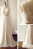 Charming Backless A-Line Open Back Sleeveless Long Chiffon White V-Neck Prom Dresses WK826