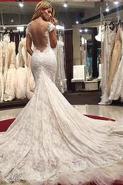 Gorgeous Scoop Illusion Back Cap Sleeves Court Train Lace Sexy Mermaid Wedding Dresses WK285